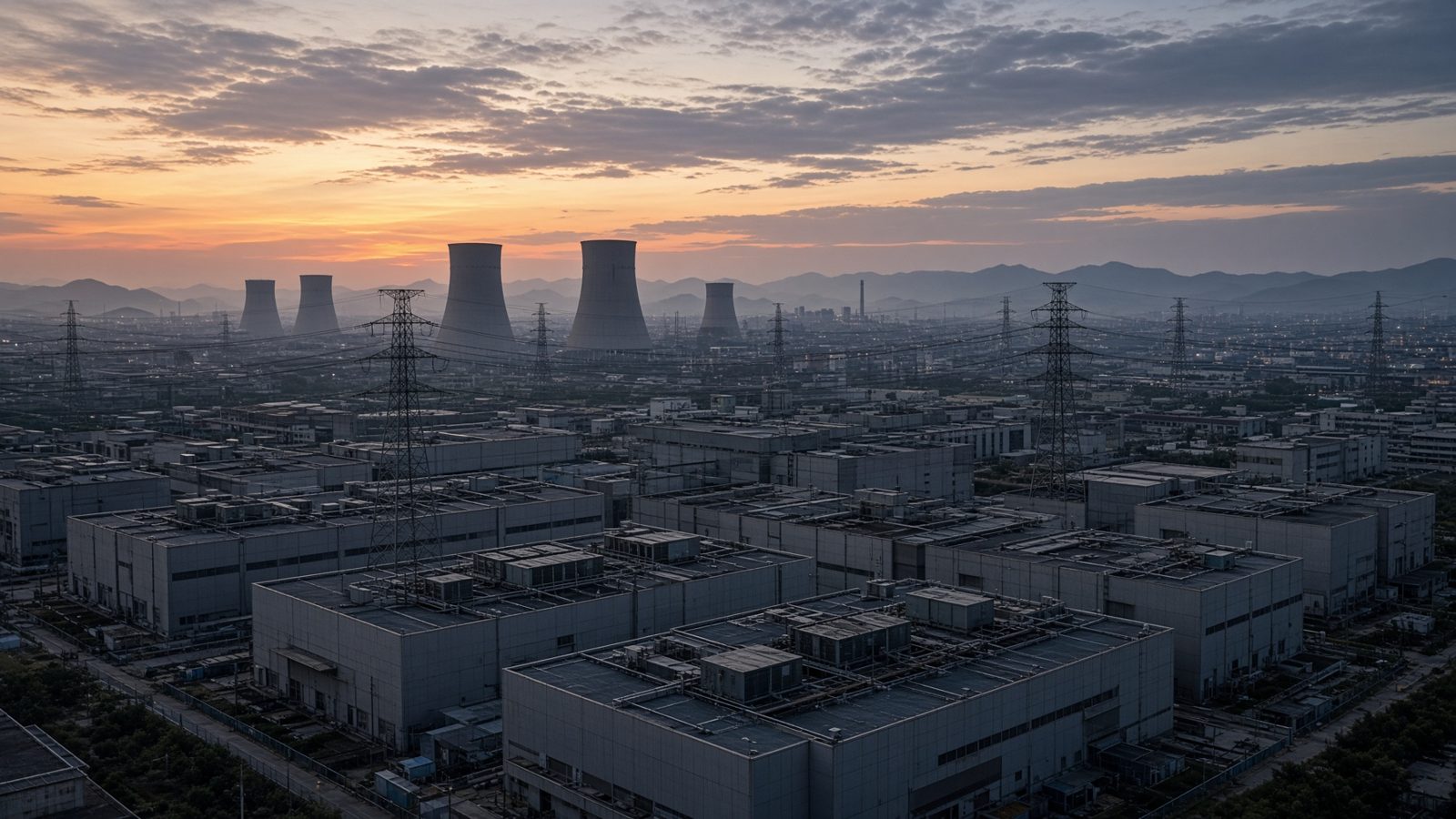 Data-center halls and transmission lines with power plant cooling towers in the distance
