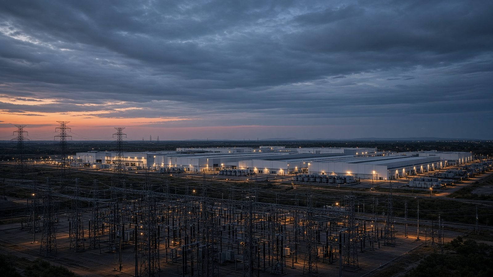 Hyperscale data-center campus and substation at dusk