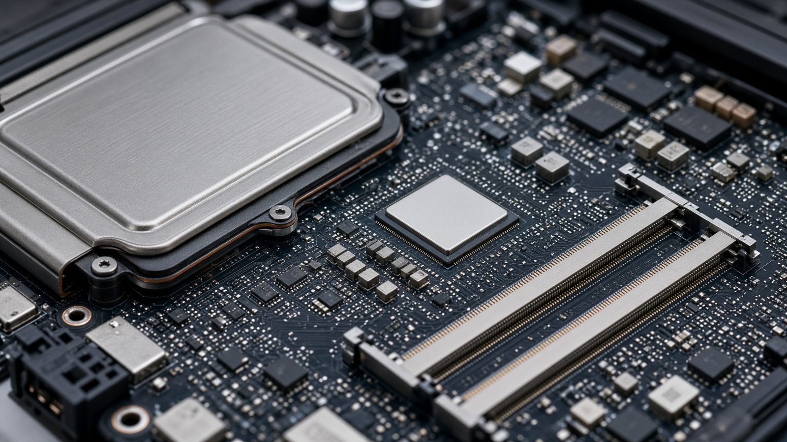 Laptop motherboard with RAM modules and cooling hardware