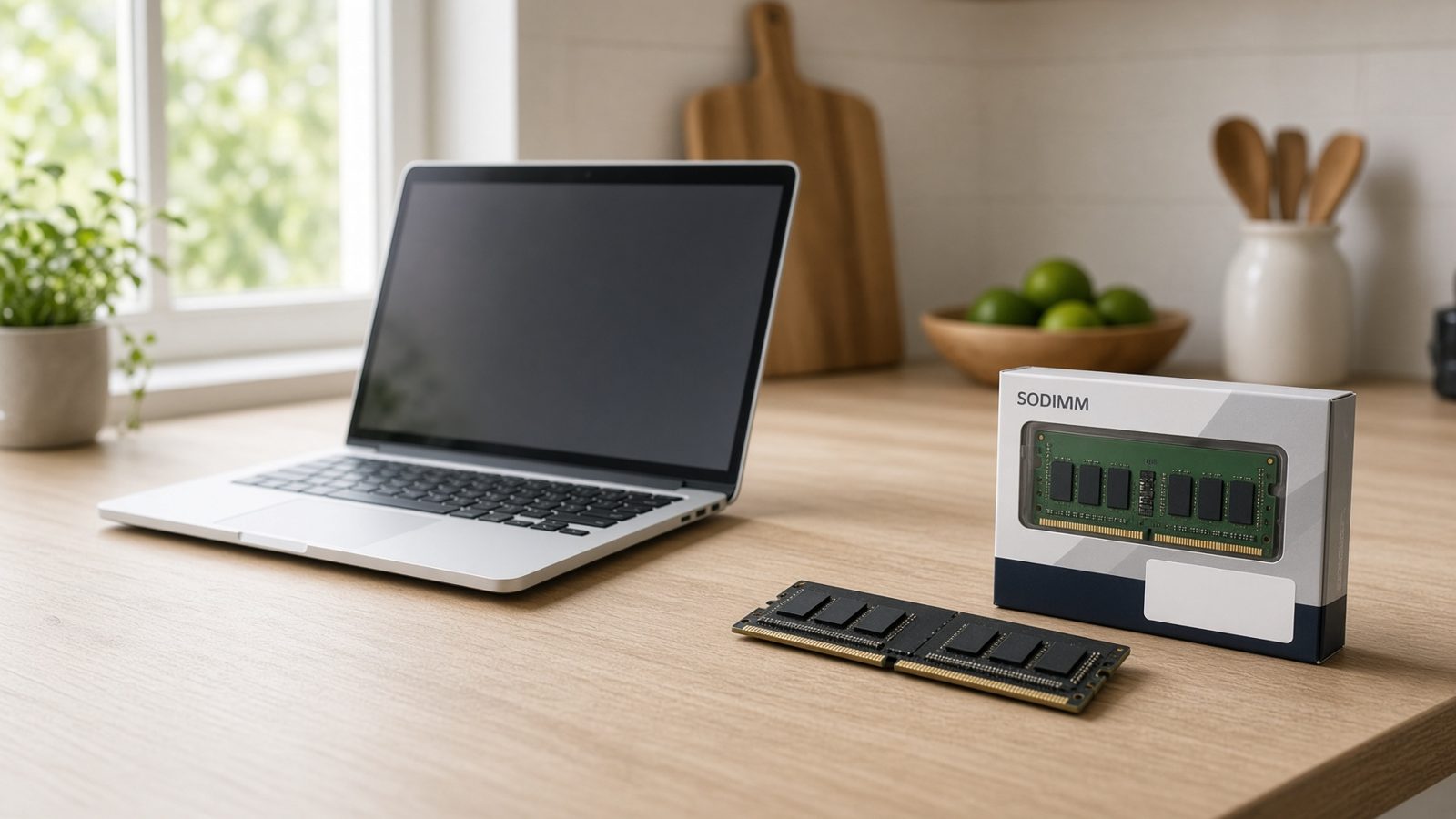 Laptop on a table with DRAM modules in the foreground