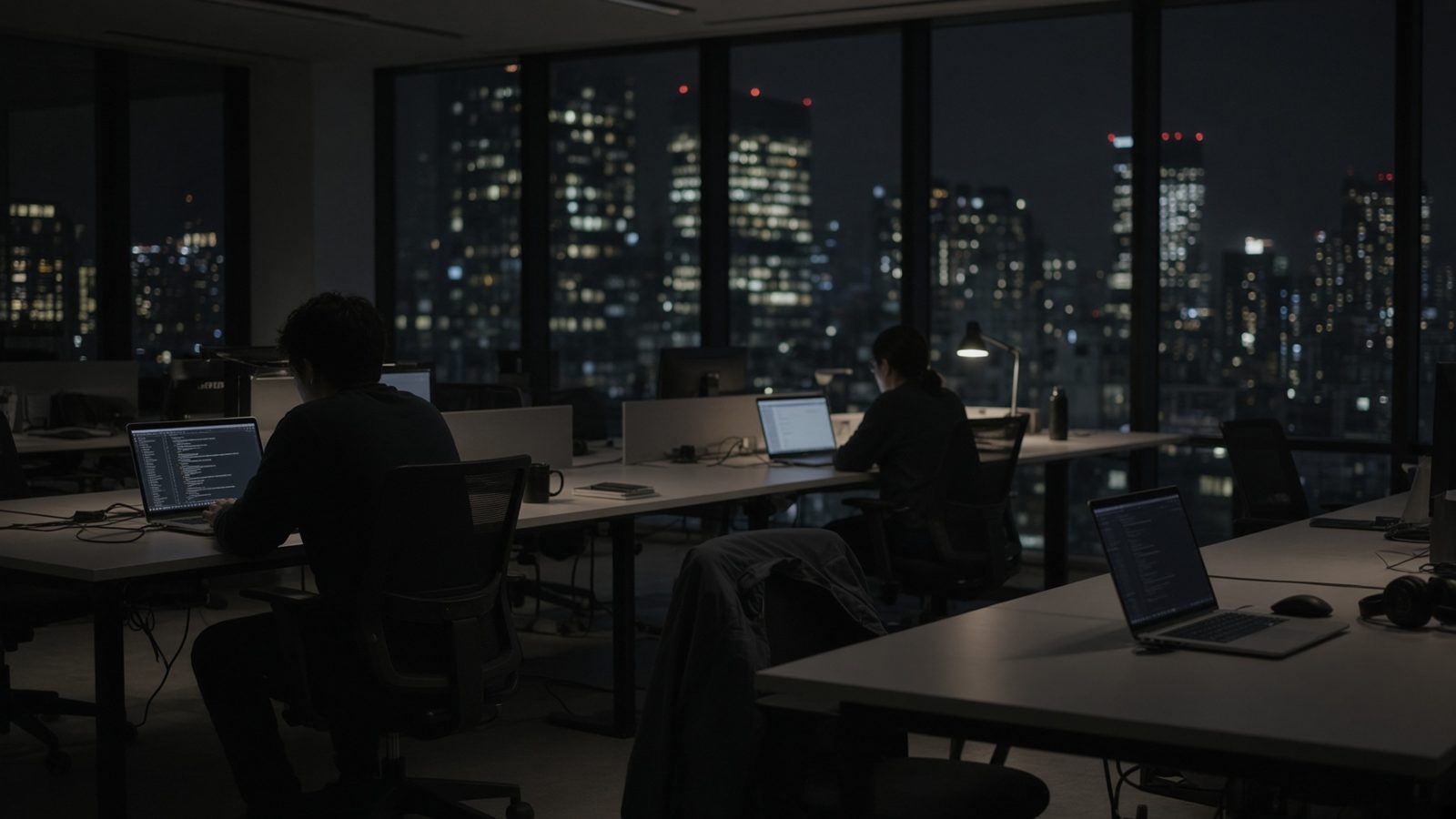 Night-time tech office with laptops and city lights