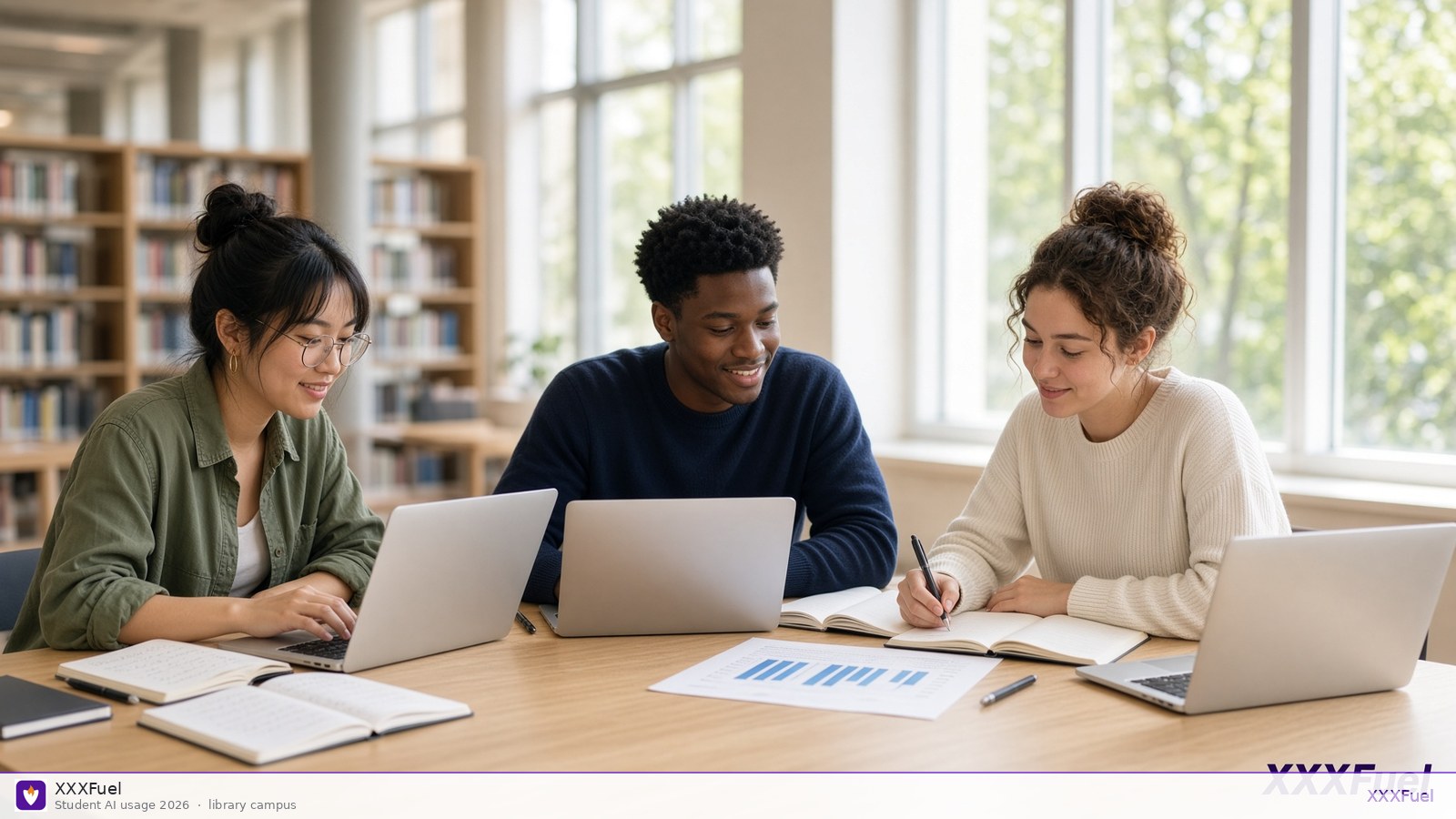 College students in a sunlit library with laptops and a printed chart — XXXFuel student AI usage 2026