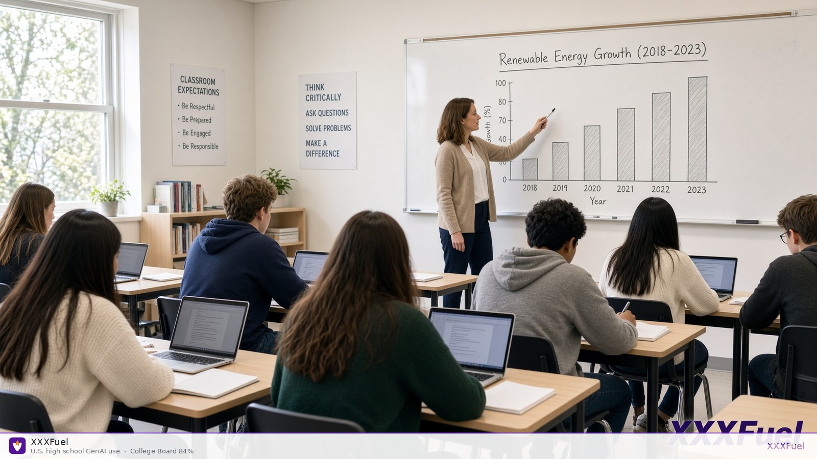 High school classroom with students on laptops and a teacher at a whiteboard of charts — XXXFuel