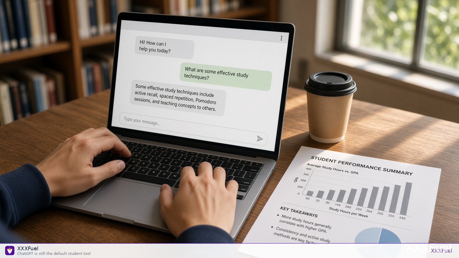 Student typing on a laptop in a sunlit library with a chatbot on screen — XXXFuel