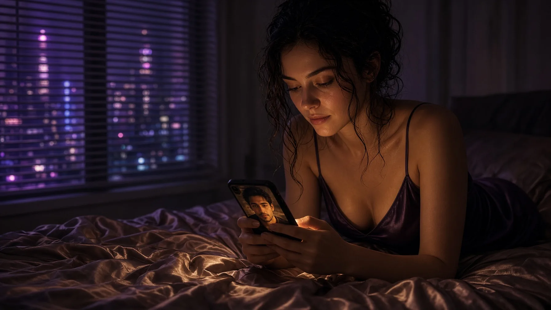 Woman on a night bed with an AI boyfriend on her phone, XXXFuel