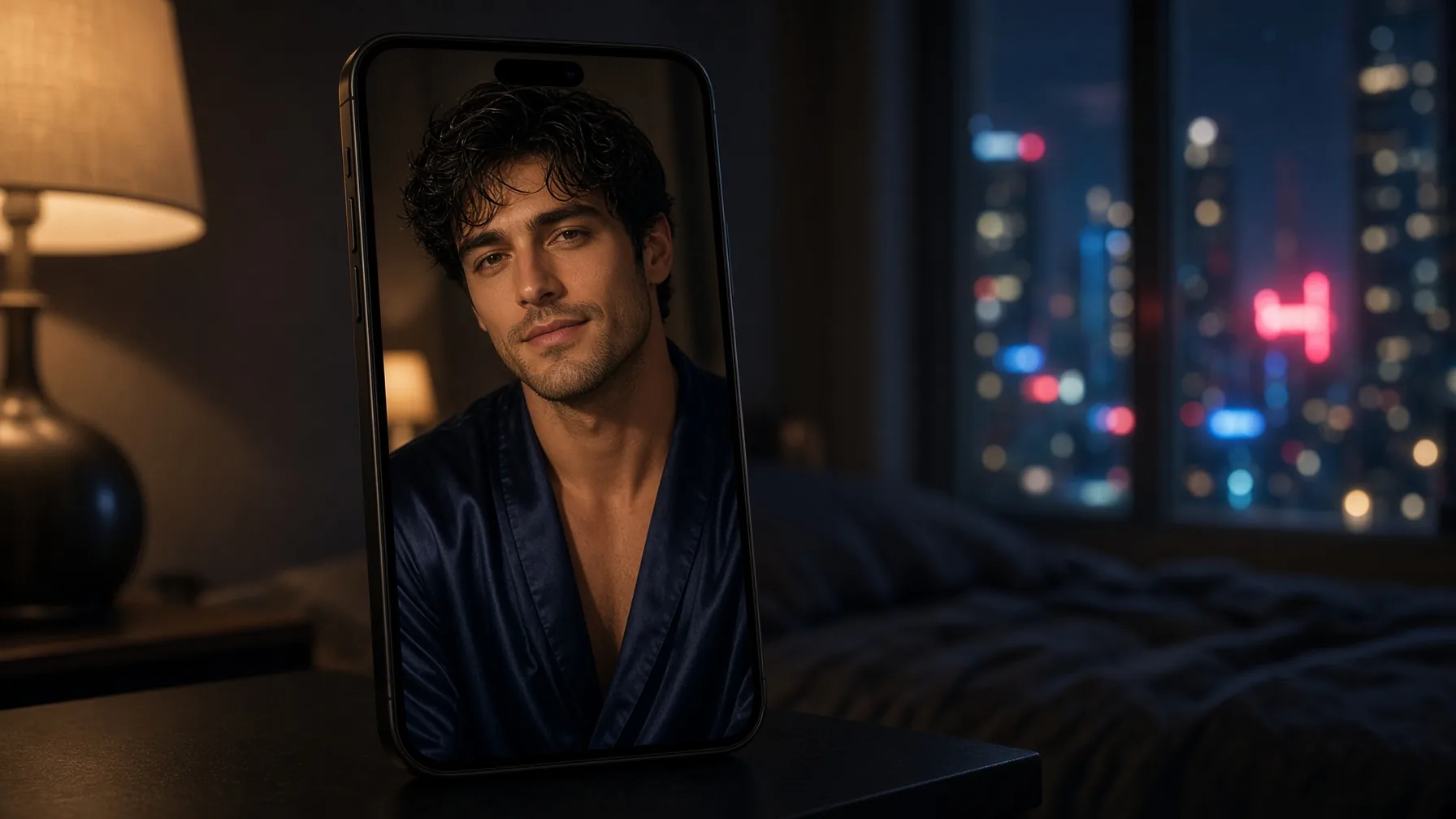 AI boyfriend on a phone on a nightstand, warm lamp and city neon, XXXFuel