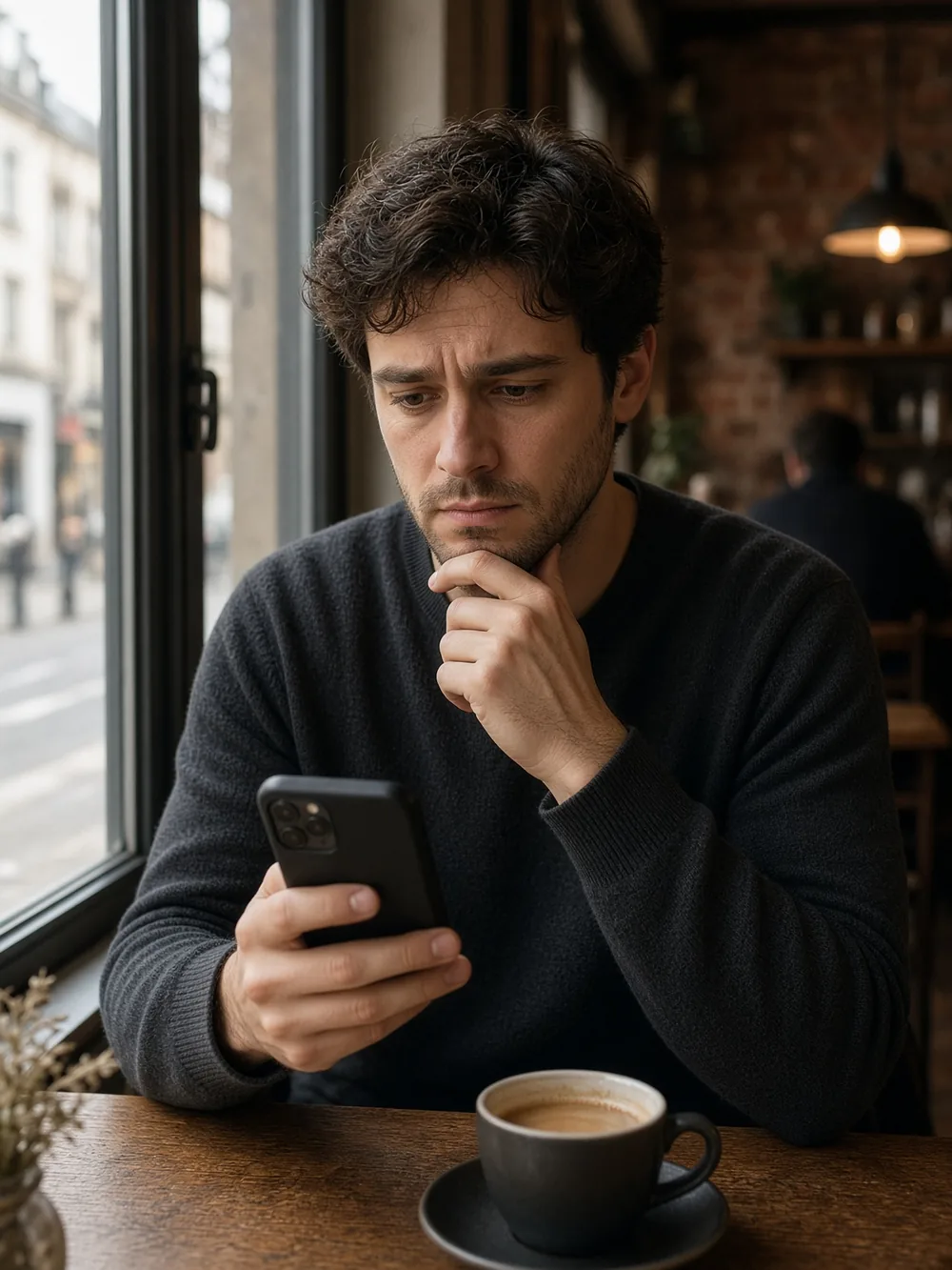 Elio in a cafe, dating app in hand, not sure he will send the message