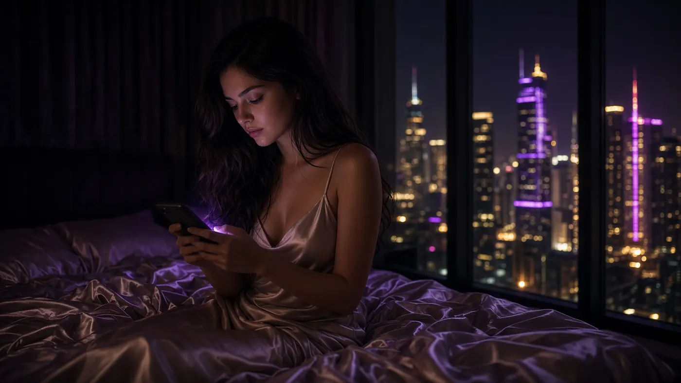 AI girlfriend in silk on a night bed, phone glow and city neon — XXXFuel market size 2025 to 2027