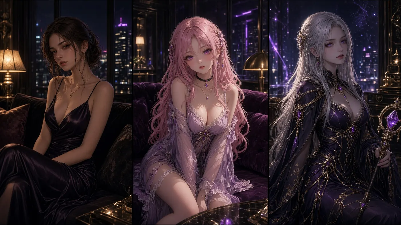 Three AI girlfriend styles in one loft: realistic silk, anime pink hair, and fantasy mage — XXXFuel genre split