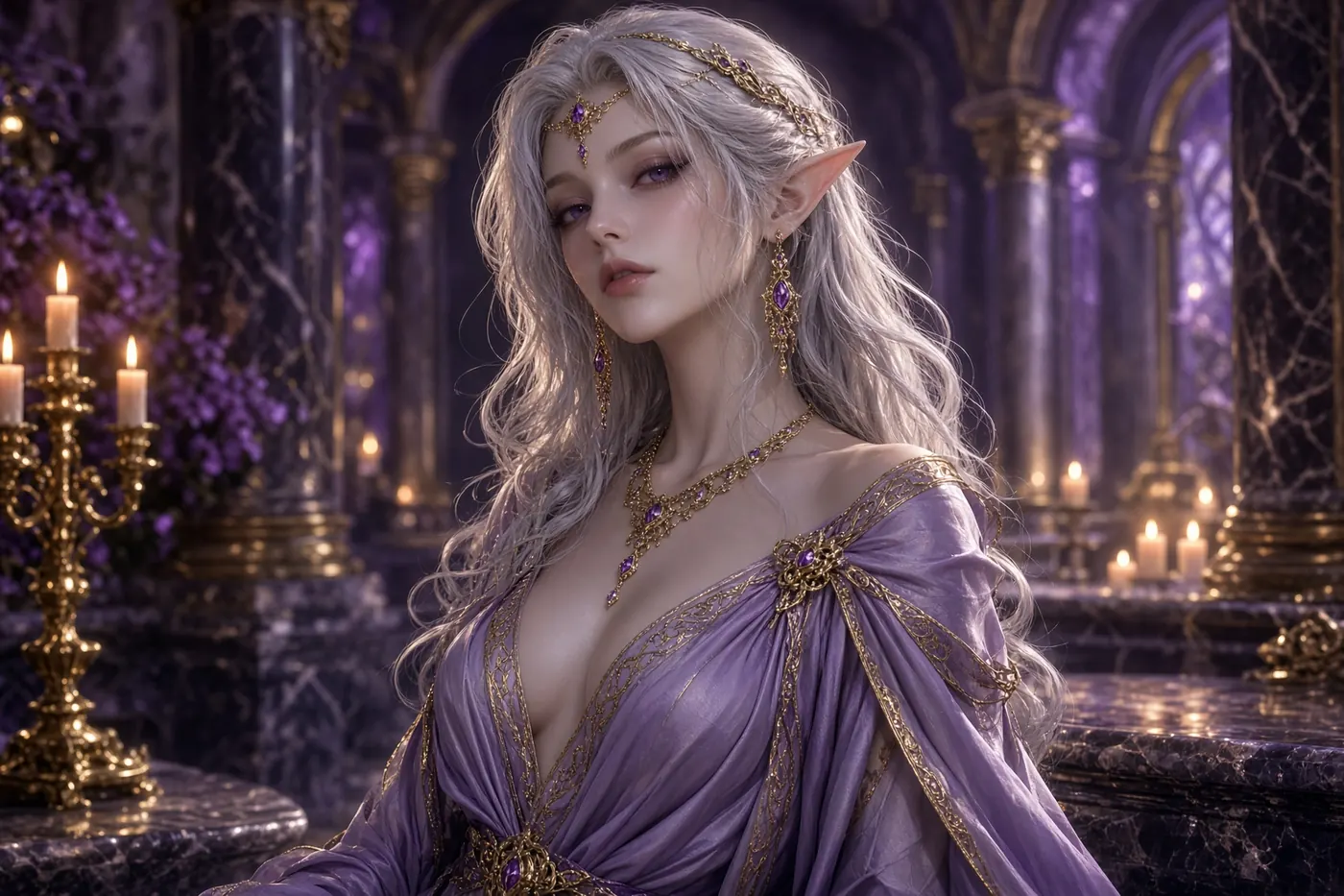 Fantasy elven AI girlfriend in candlelit marble hall with gold jewellery — XXXFuel