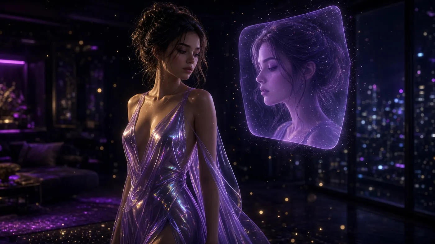 Futuristic 2027 AI girlfriend in holographic silk with a floating video likeness — XXXFuel