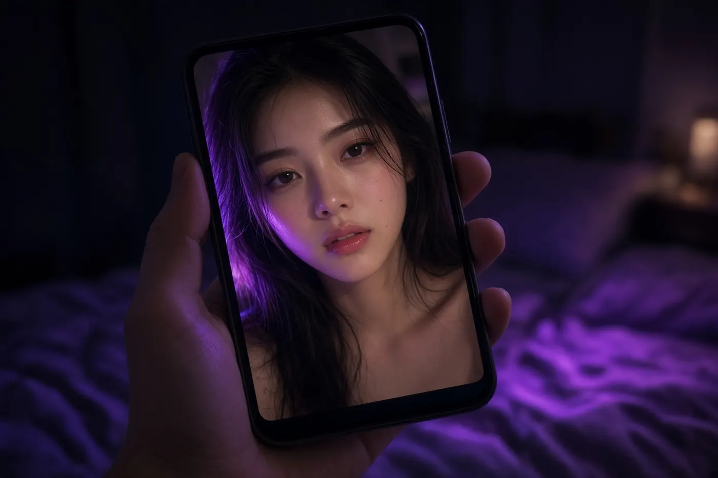Close-up of an AI girlfriend on a phone video call in a dark bedroom with violet rim light — XXXFuel