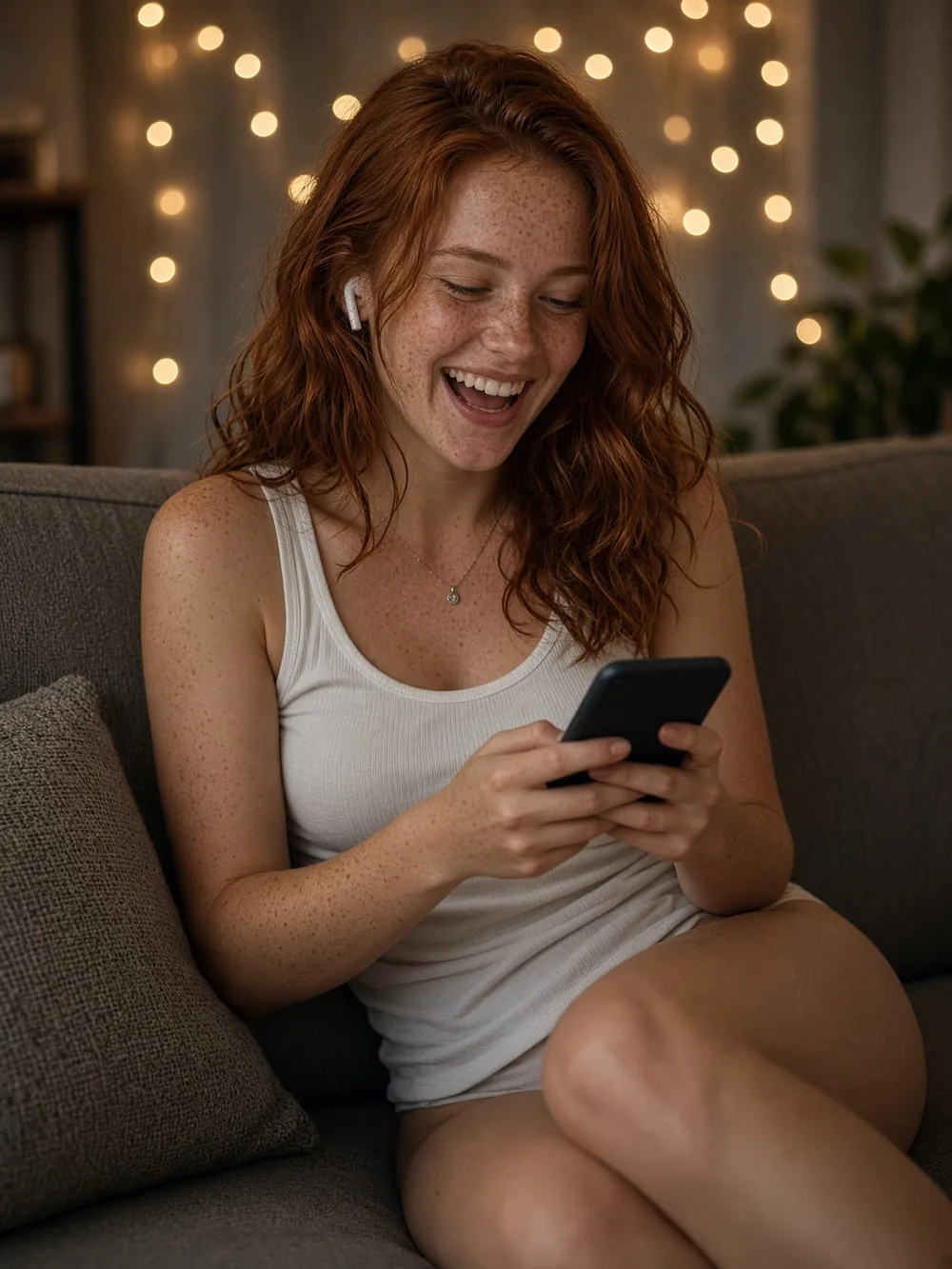 Rue, a fictional uncensored girlfriend character, laughing at her phone