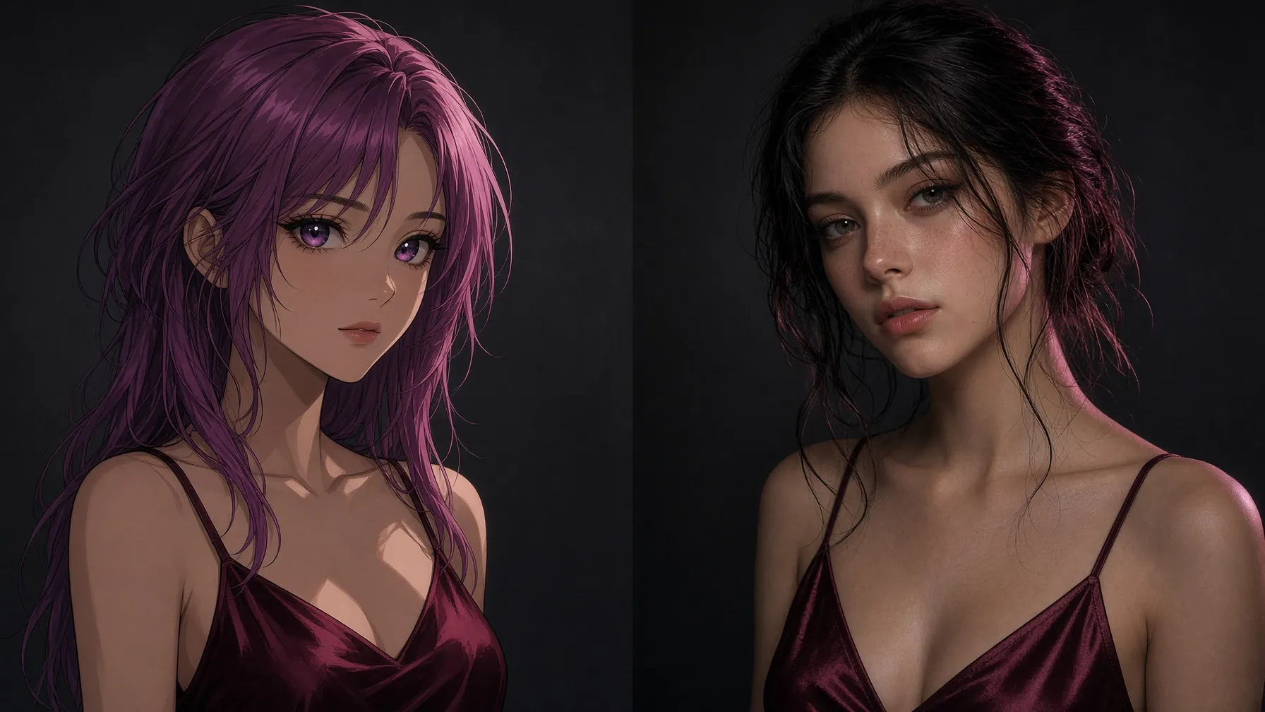 Split still: anime AI hentai waifu on the left, photoreal AI porn on the right.