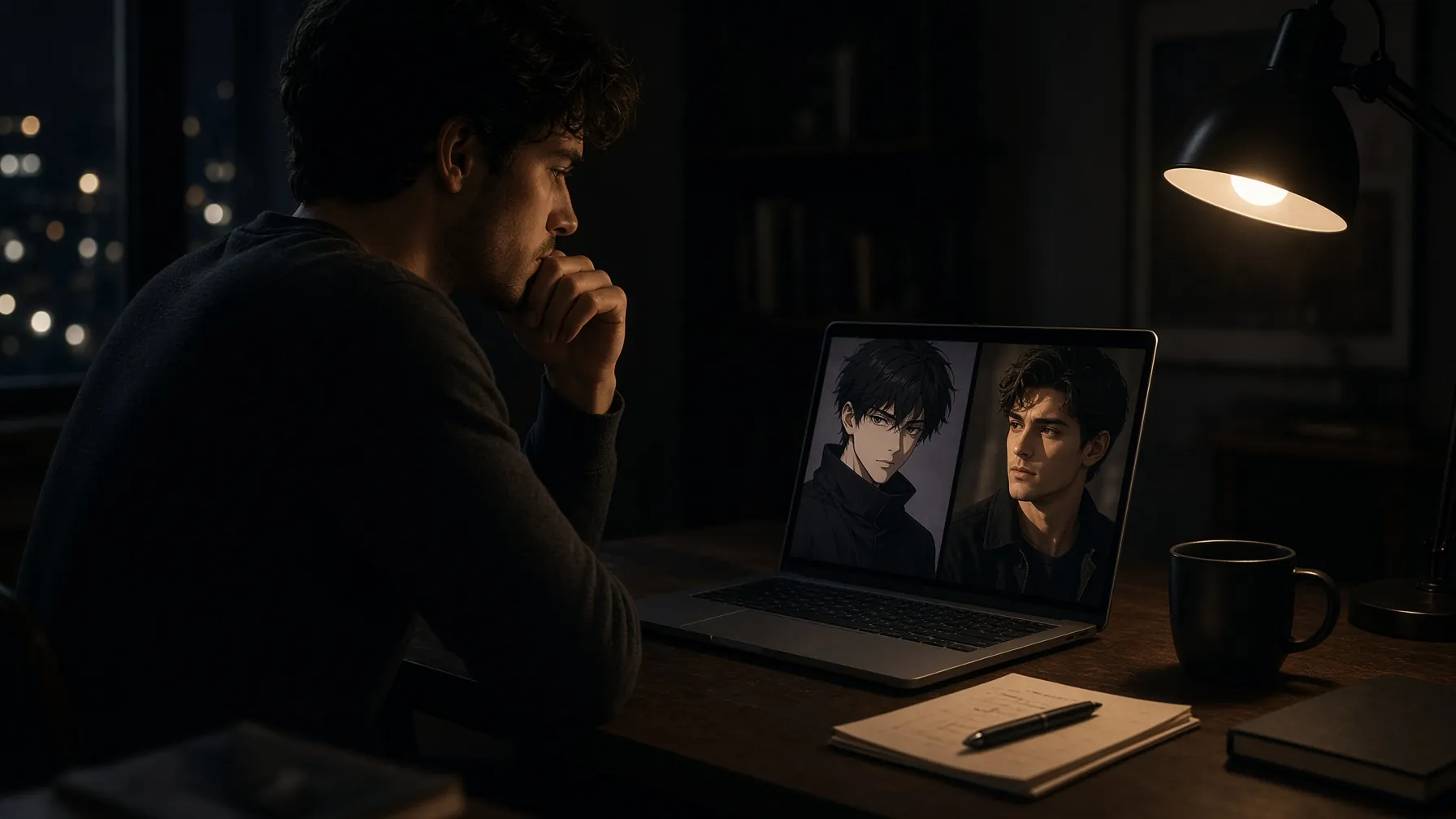 Jules at a dark desk comparing an anime still and a photoreal still on a laptop