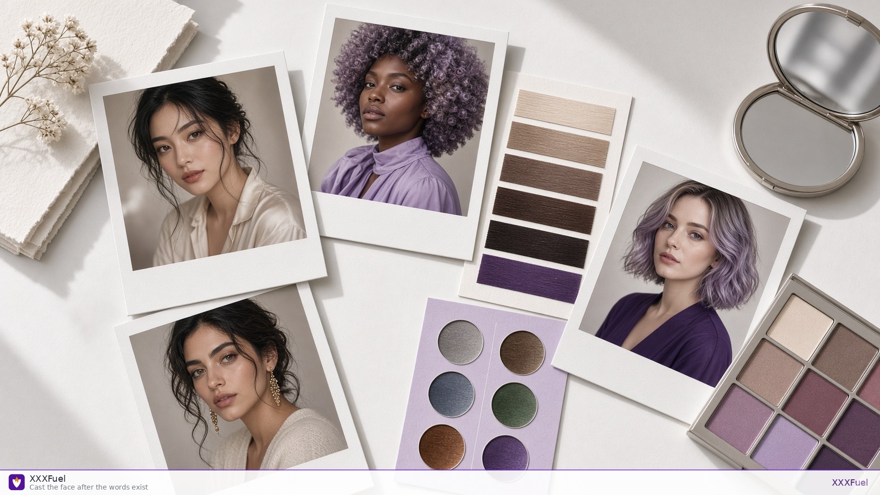 Polaroids and hair-color swatches on a white desk — XXXFuel appearance step
