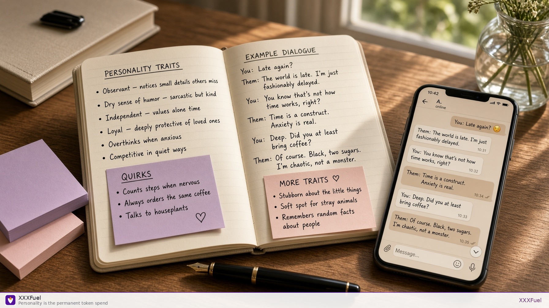 Open notebook of handwritten personality traits and example dialogue next to a phone chat — XXXFuel