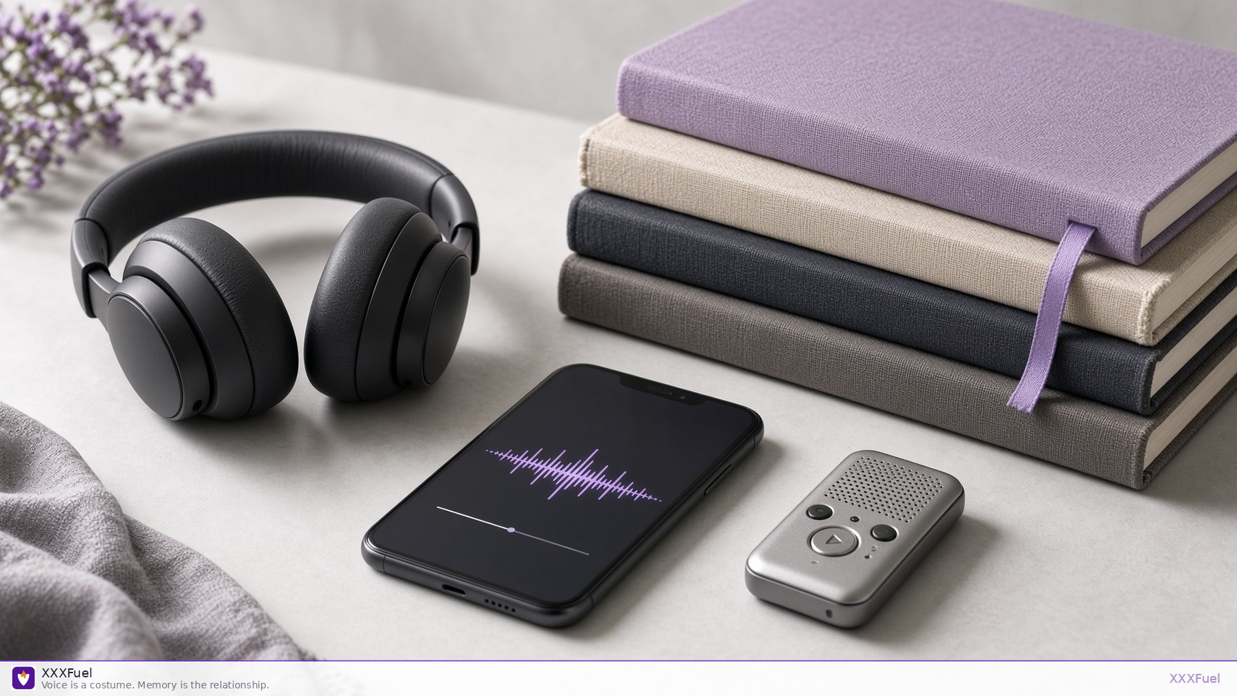 Headphones, a phone waveform, and stacked journals on a pale desk — XXXFuel voice and memory