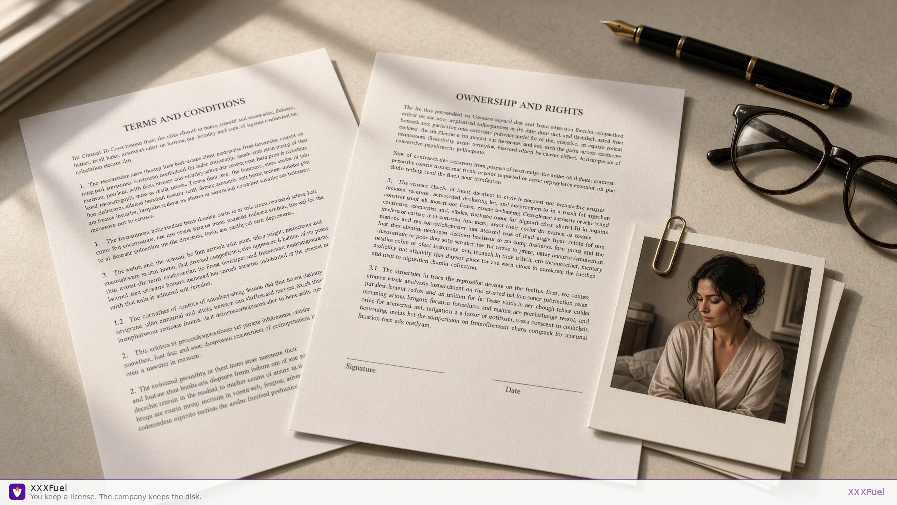 Printed terms of service with a polaroid clipped to the page — XXXFuel ownership warning