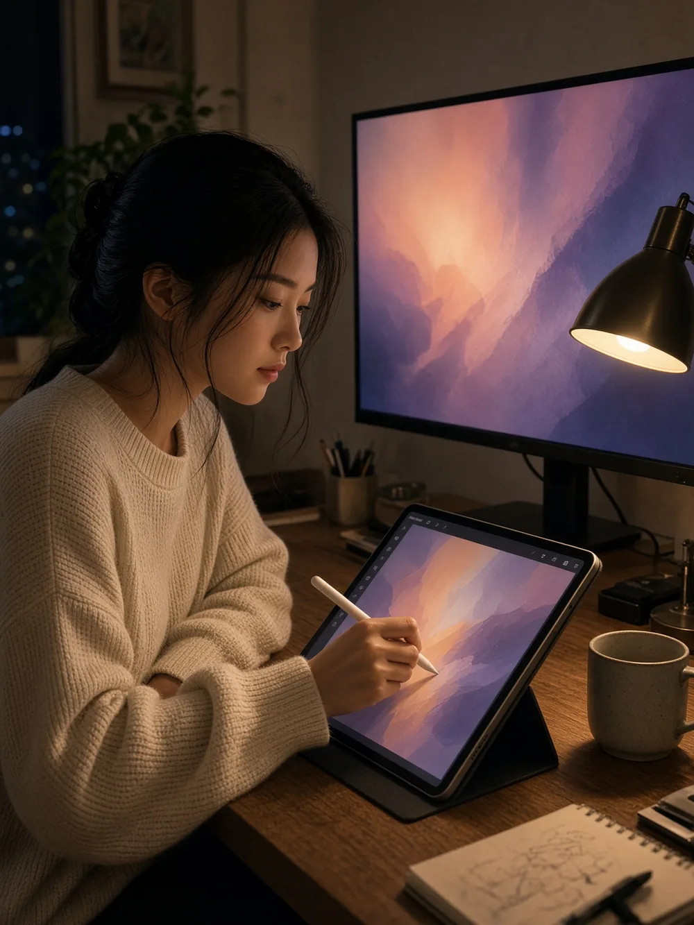Lin at a desk generating stills on a tablet, not chatting