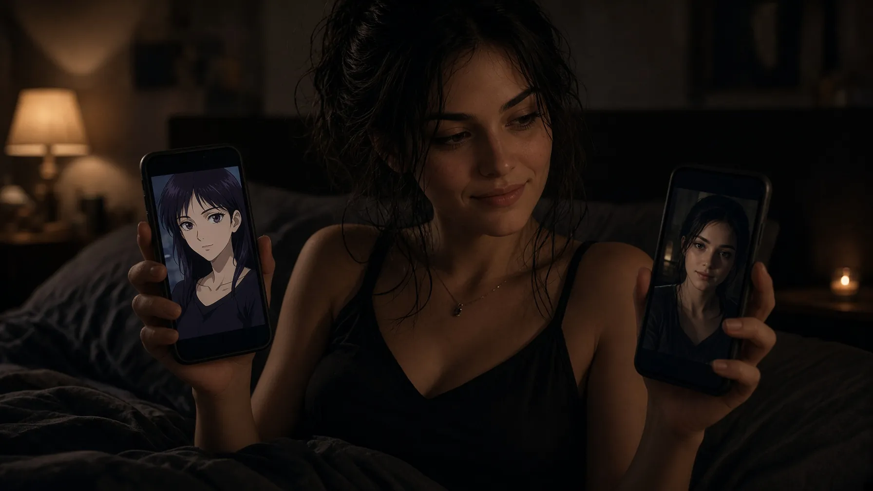 Mara on a bed holding two phones, anime girl on the left and photoreal on the right