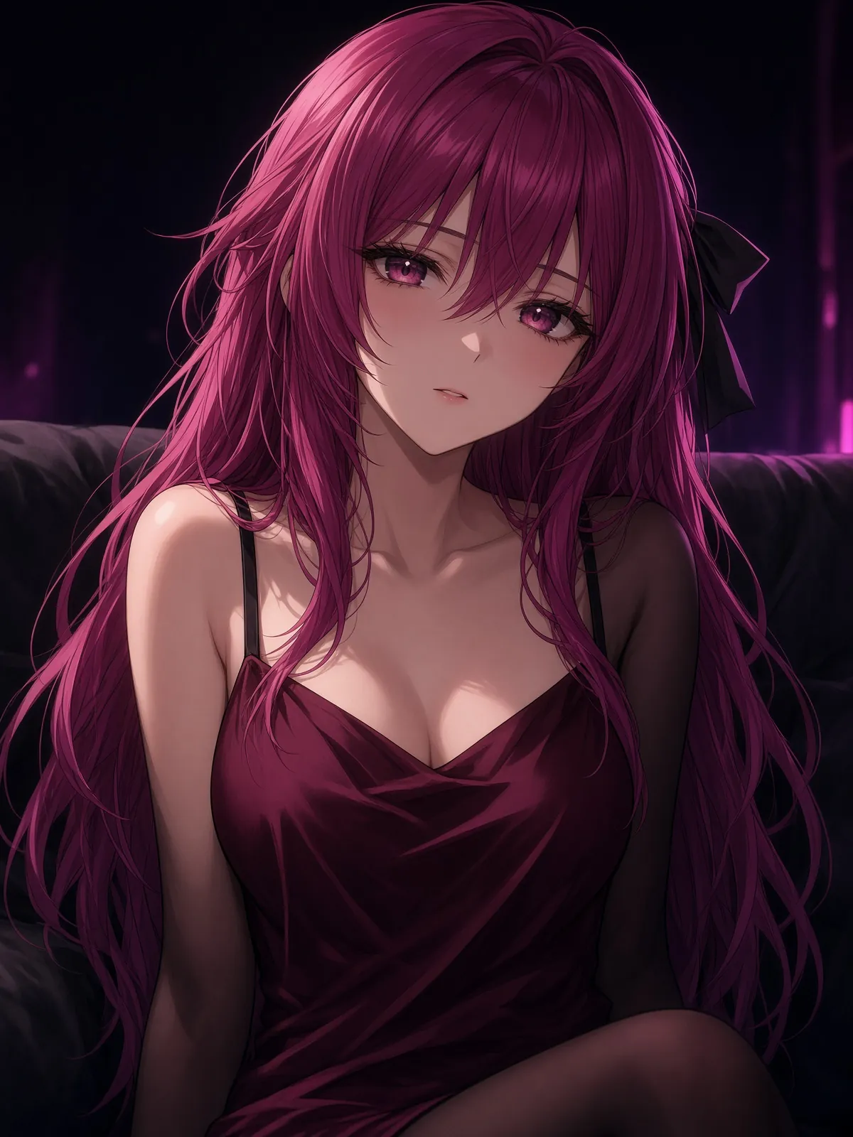 Nova, a fictional 25-year-old anime waifu in a burgundy camisole
