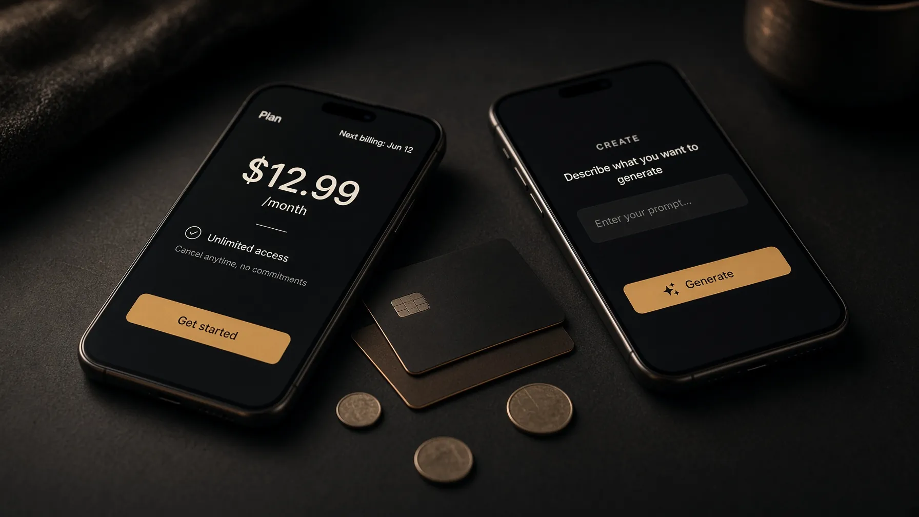 A phone showing a monthly plan next to cards on a dark desk