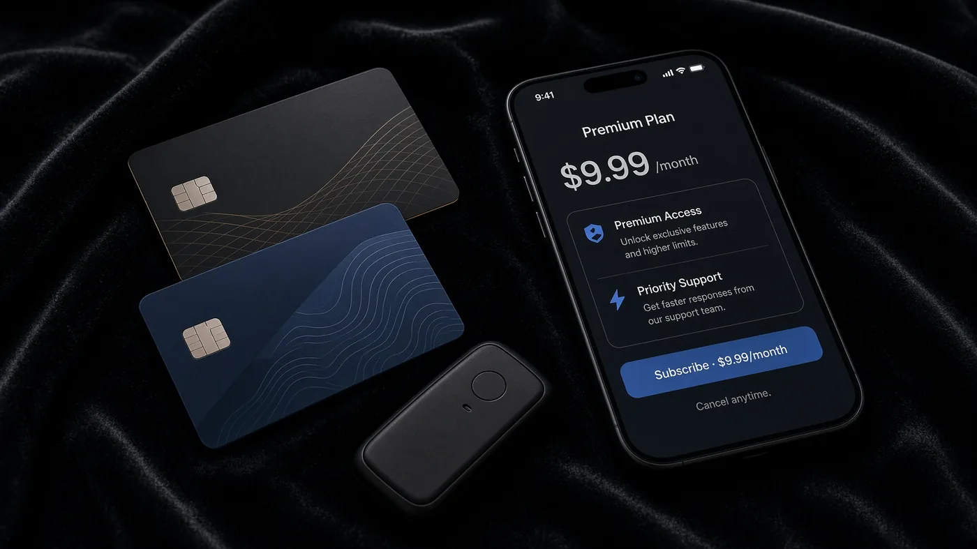A phone showing a $9.99 month next to cards and a crypto wallet