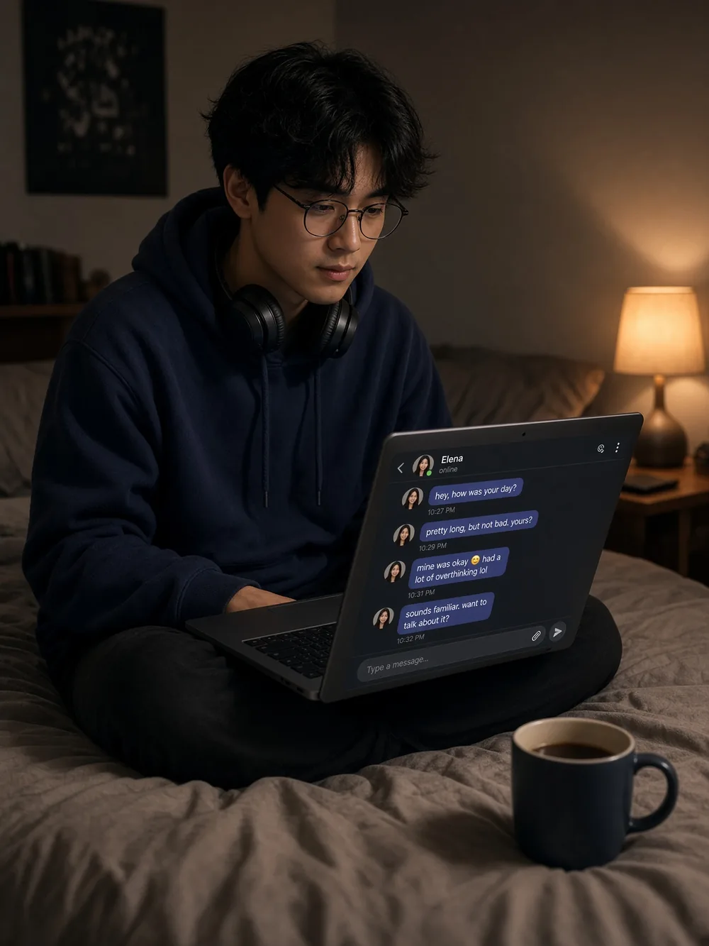 Kenji on a bed with a laptop, chatting with a companion